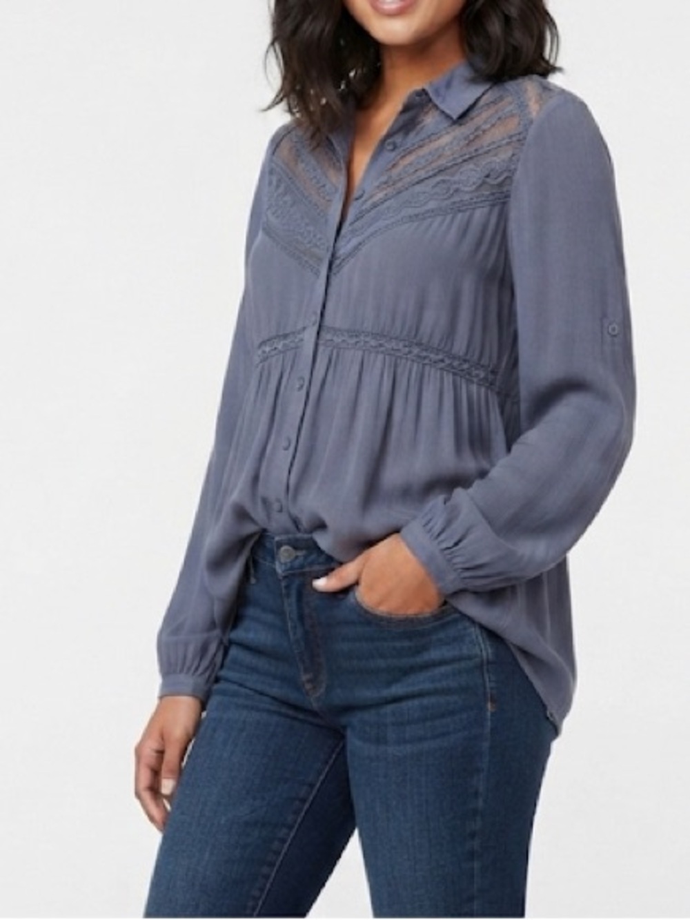 Free People Wild Wing Lace Button Down Shirt Size Small Longsleeve Blouse Blue